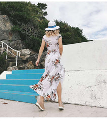 Fashion Print V neck Short sleeve Lacing Maxi Dresses