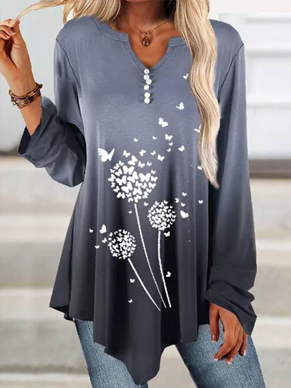 V neck printed long sleeve irregular hem T-shirts