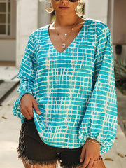 V neck Printed Puff Sleeve Long Sleeve Sun chunk Blouses