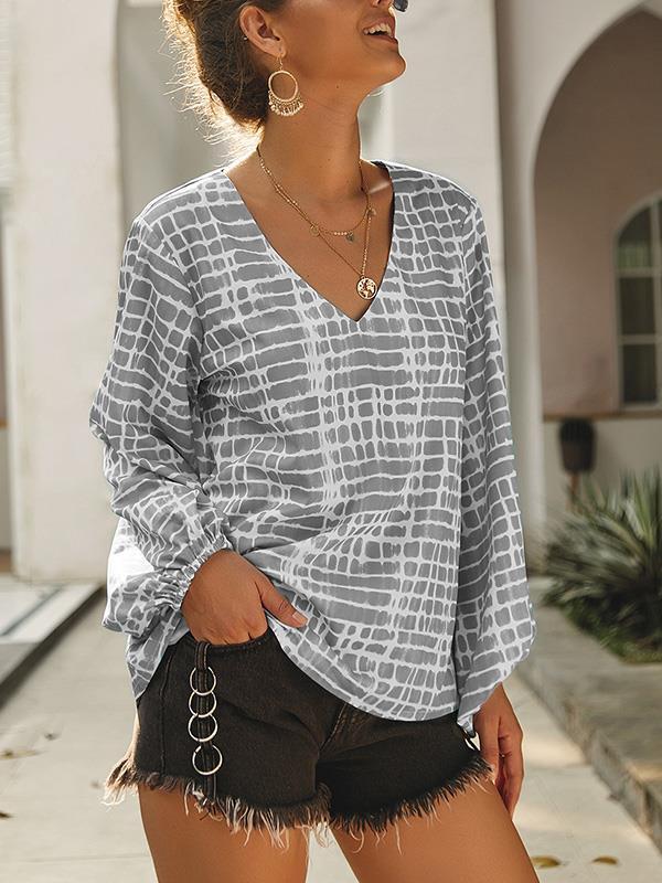 V neck Printed Puff Sleeve Long Sleeve Sun chunk Blouses