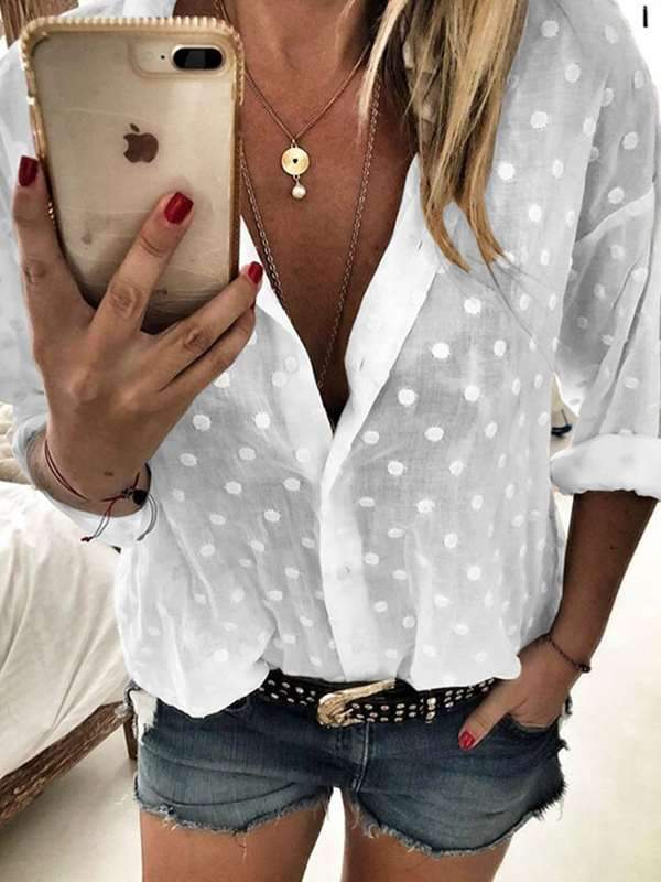 Round point turn down neck  long sleeve blouses tops