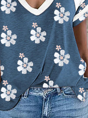 V neck women fashion printed flower T-shirts