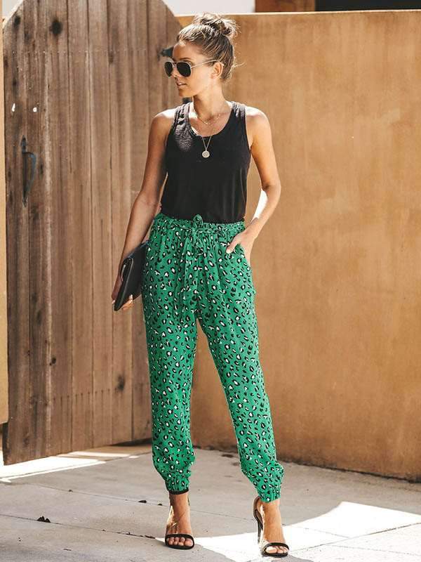 Women Casual Leopard Print High Waist Loose Harem Pants