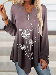 V neck printed long sleeve irregular hem T-shirts