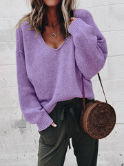 Simple Solid Color V-neck Sweater Tops