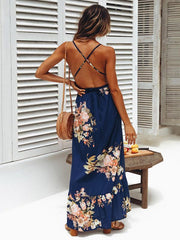 Bohemia Floral V-neck Backless Split-side Maxi Dress