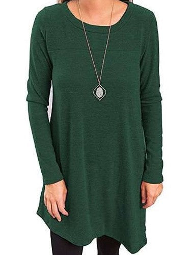 Casual Loose Pure Fastener Round enck Long sleeve Shift Dresses