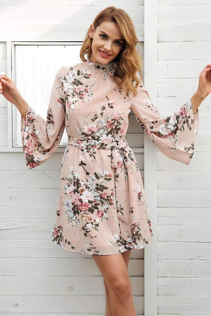 Sexy Print Mandarin sleeve Backless Lacing Shift Dresses