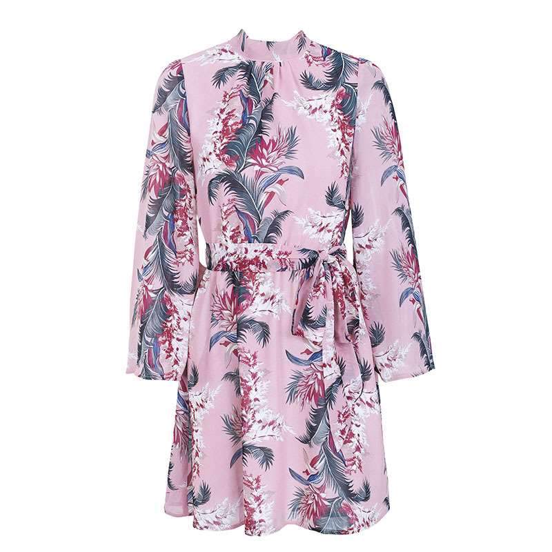 Sexy Print Mandarin sleeve Backless Lacing Shift Dresses