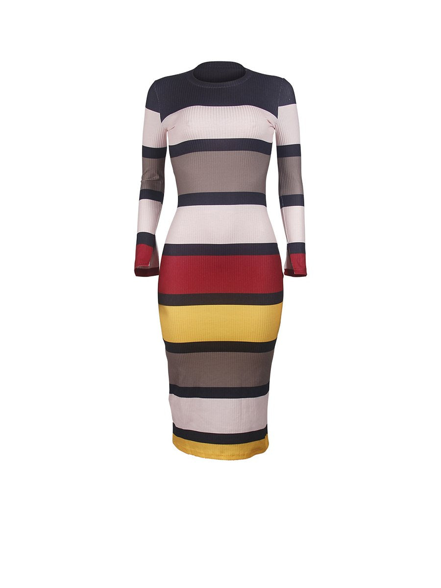 Woman Stripe Long Sleeve Kitting Casual Bodycon Dresses