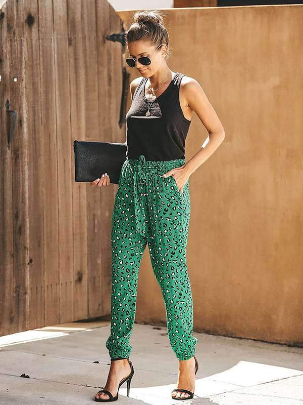 Women Casual Leopard Print High Waist Loose Harem Pants
