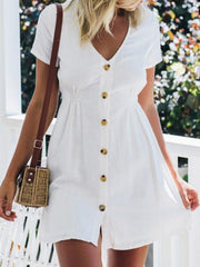 Sexy v-neck short sleeve button Skater Dresses