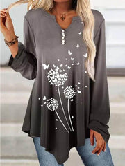 V neck printed long sleeve irregular hem T-shirts