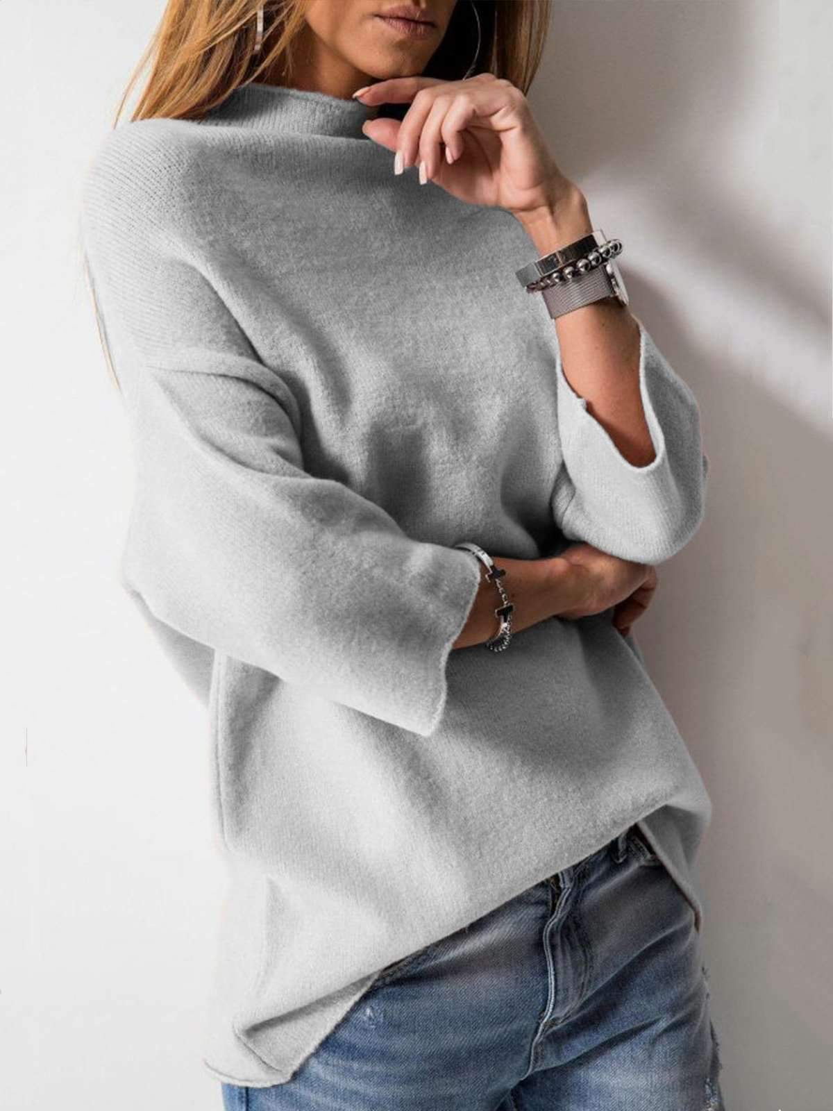 Casual High collar Three quarter sleeve Knit Sweaters