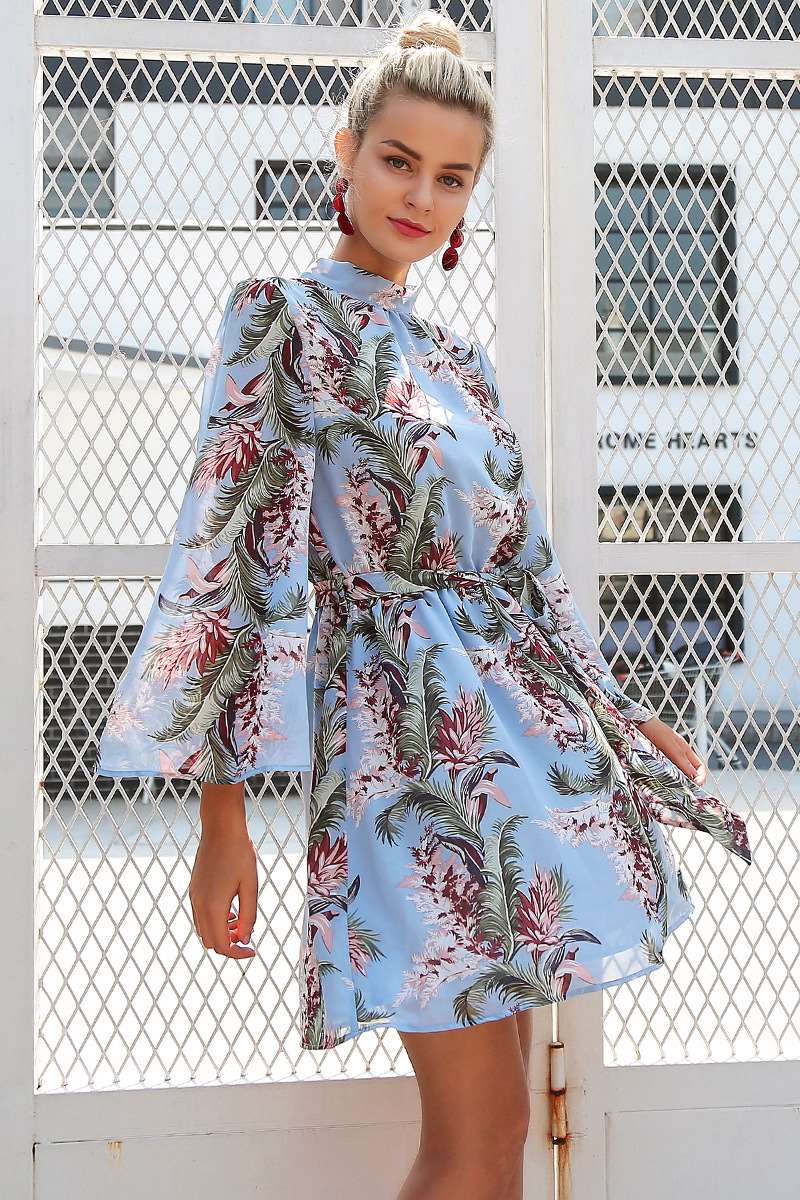 Sexy Print Mandarin sleeve Backless Lacing Shift Dresses