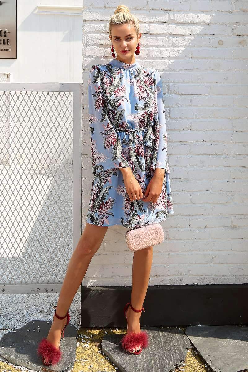 Sexy Print Mandarin sleeve Backless Lacing Shift Dresses