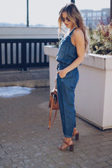 Casual Fashion Sleeveless Plain Elastic Waist Jumpsuit