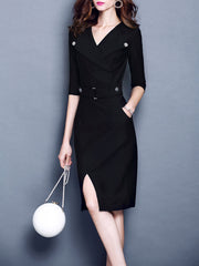 Buttoned Pleated Elegant Surplice Neck Dress