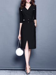 Buttoned Pleated Elegant Surplice Neck Dress