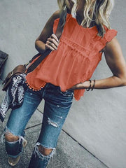 Women Chic Fashion Plain Lace Round Neck Sleeveless T-shirts