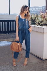 Casual Fashion Sleeveless Plain Elastic Waist Jumpsuit