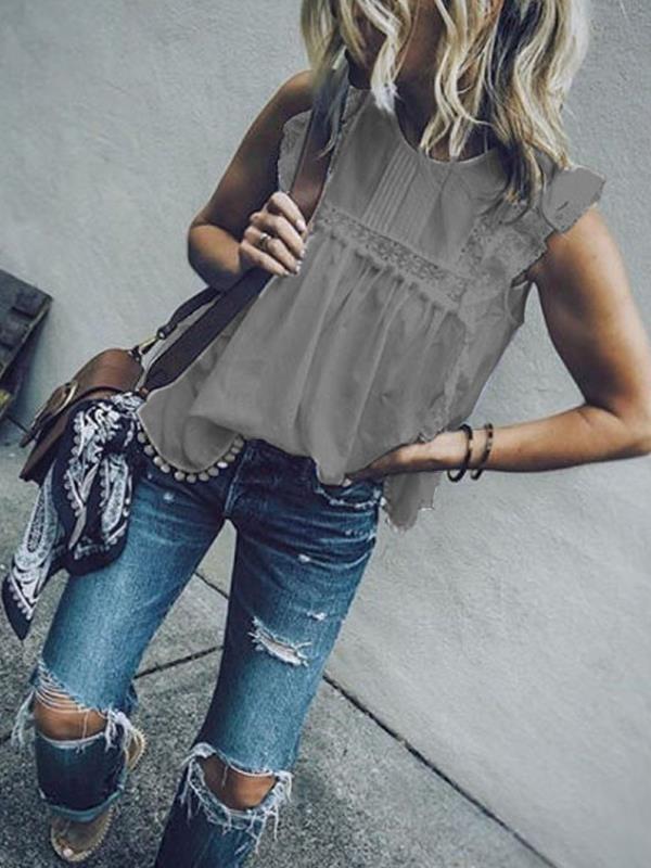 Women Chic Fashion Plain Lace Round Neck Sleeveless T-shirts