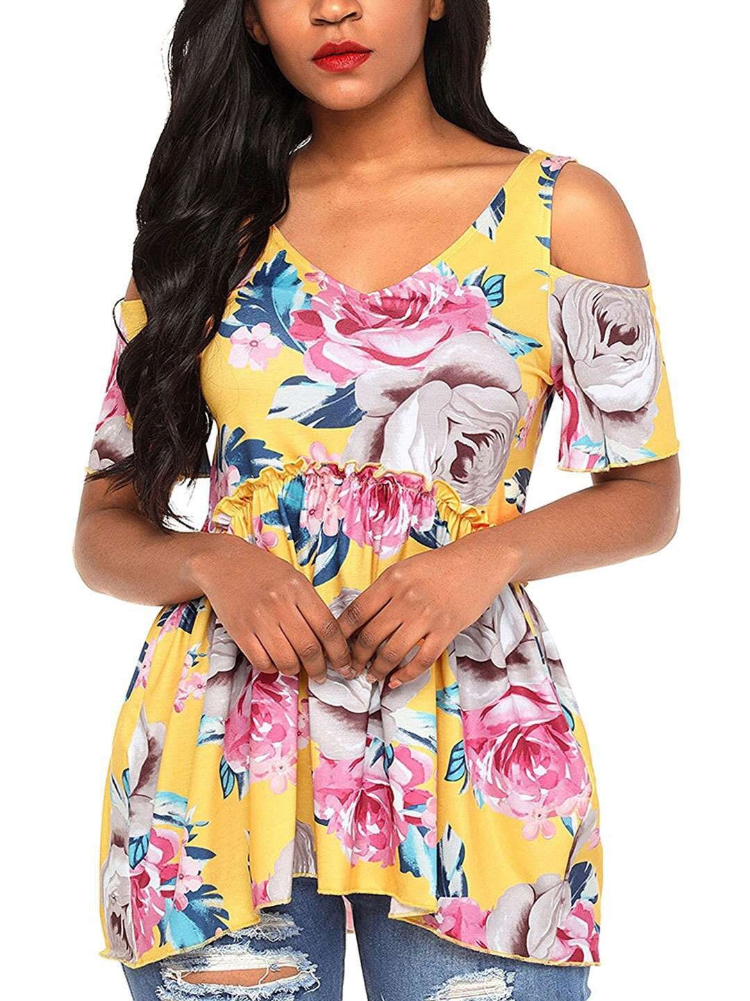 Loose Print Off shoulder Short sleeve T-Shirts