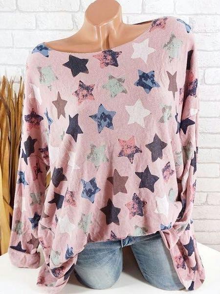 Casual Daily Star Printed Long Sleeve Large Size T-shirts