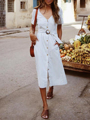 V neck Stripe Plain Women Button Design Long Maxi Dresses