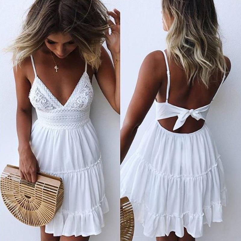 Sexy Lace Strap Stitching Vacation Dresses