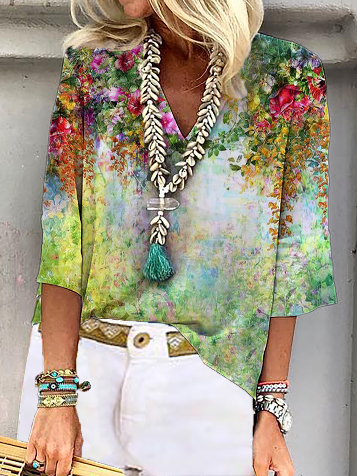 Plus size Floral V Neck Shirts & Tops