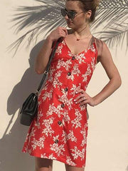 Fashion Print V neck Vest Fastener Shift Dresses
