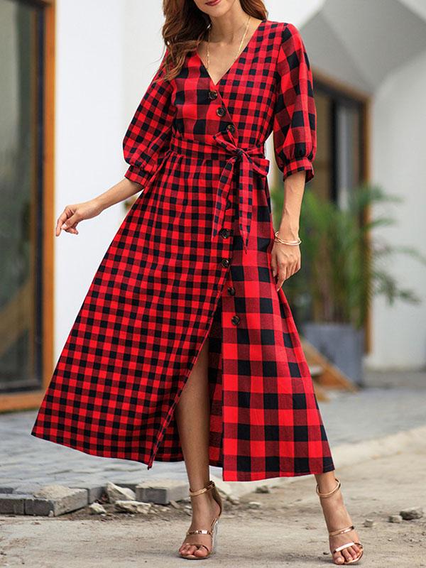 Plaid half Sleeve Vintage Maxi Dresses