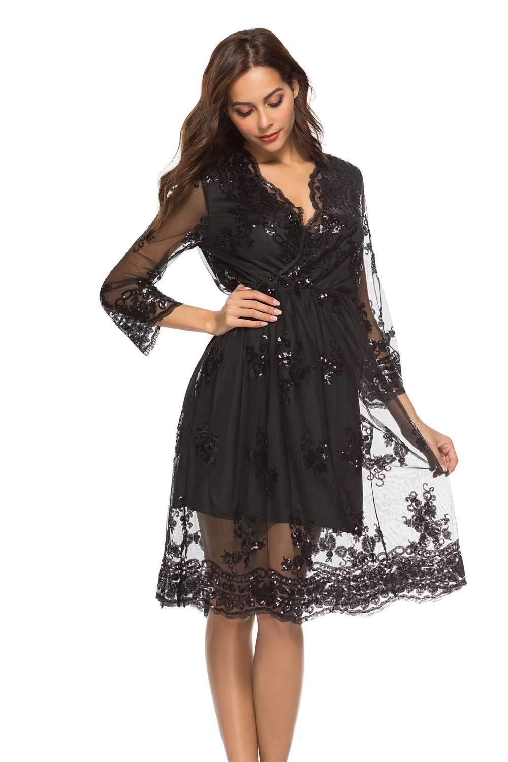 Sexy Lace V neck Long sleeve Skater Dresses