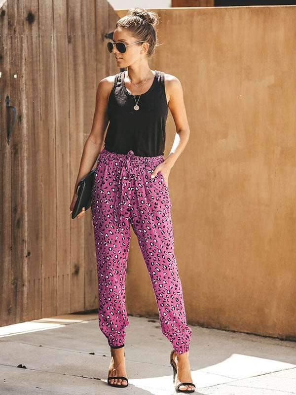 Women Casual Leopard Print High Waist Loose Harem Pants