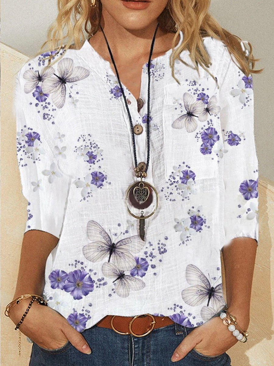 Casual Cotton-Blend 3/4 Sleeve Shirts & Tops
