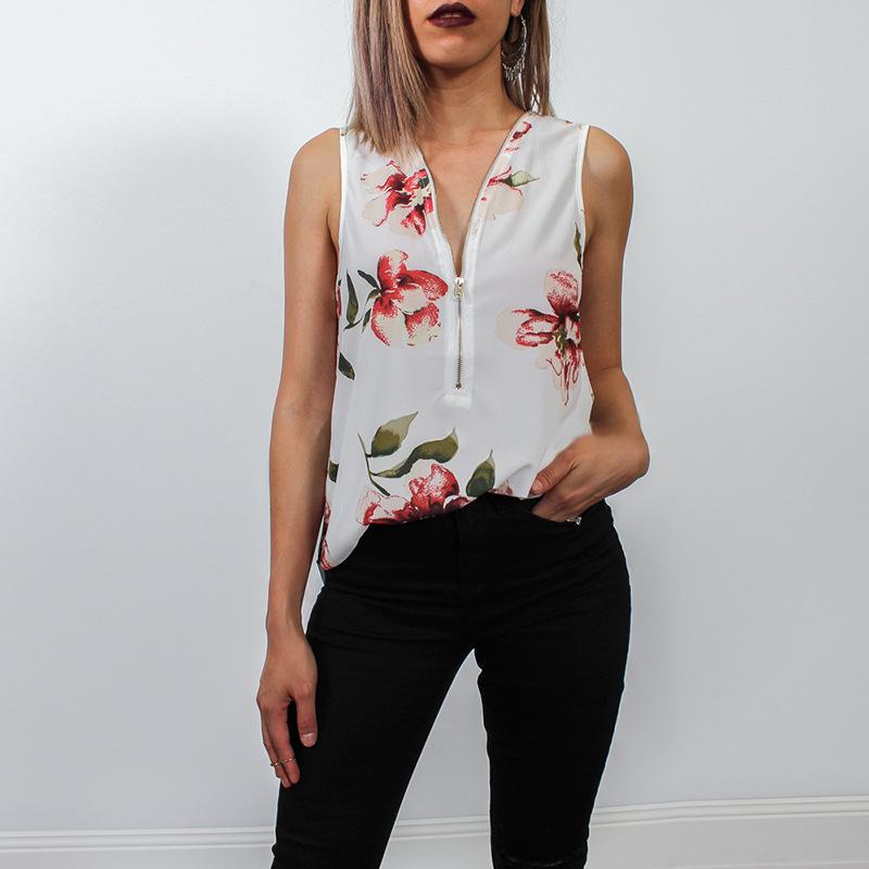 Sexy Fashion Floral Zipper V neck  T-Shirts