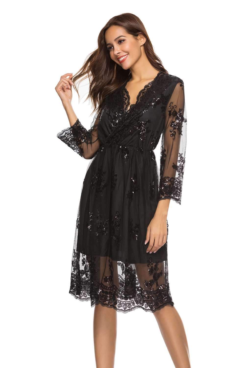 Sexy Lace V neck Long sleeve Skater Dresses