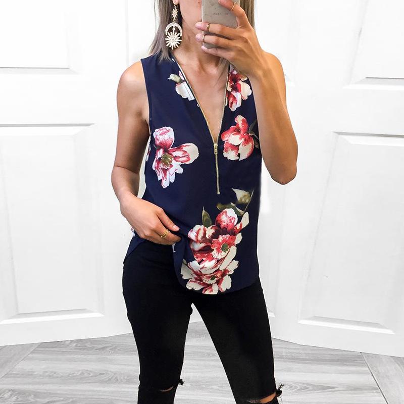 Sexy Fashion Floral Zipper V neck  T-Shirts