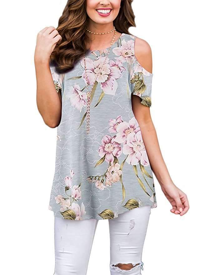 Casual Short sleeve Off shoulder Floral T-Shirts