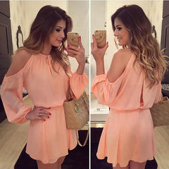 Round Neck Backless Plain Lantern Sleeve Long Sleeve Casual Dresses