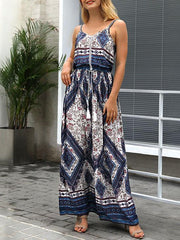 Retro Spaghetti-neck Waisted Floral Bohemia Maxi Dress