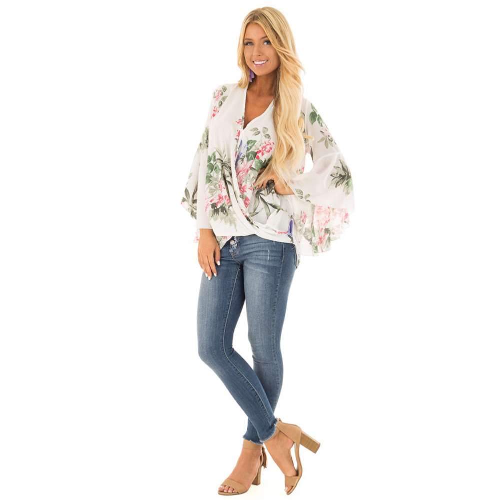 Sexy Print V neck  Falbala Irregular Blouses