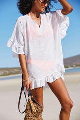 Casual Pure V neck Half sleeve Falbala Vacation Dresses