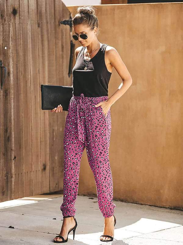 Women Casual Leopard Print High Waist Loose Harem Pants