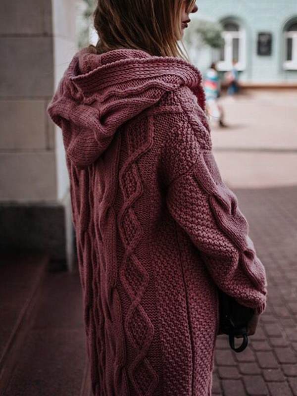 Solid color hooded long twist cardigans fashion women sweaters
