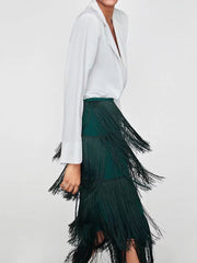 Woman Fashion Green Tassels Skirt