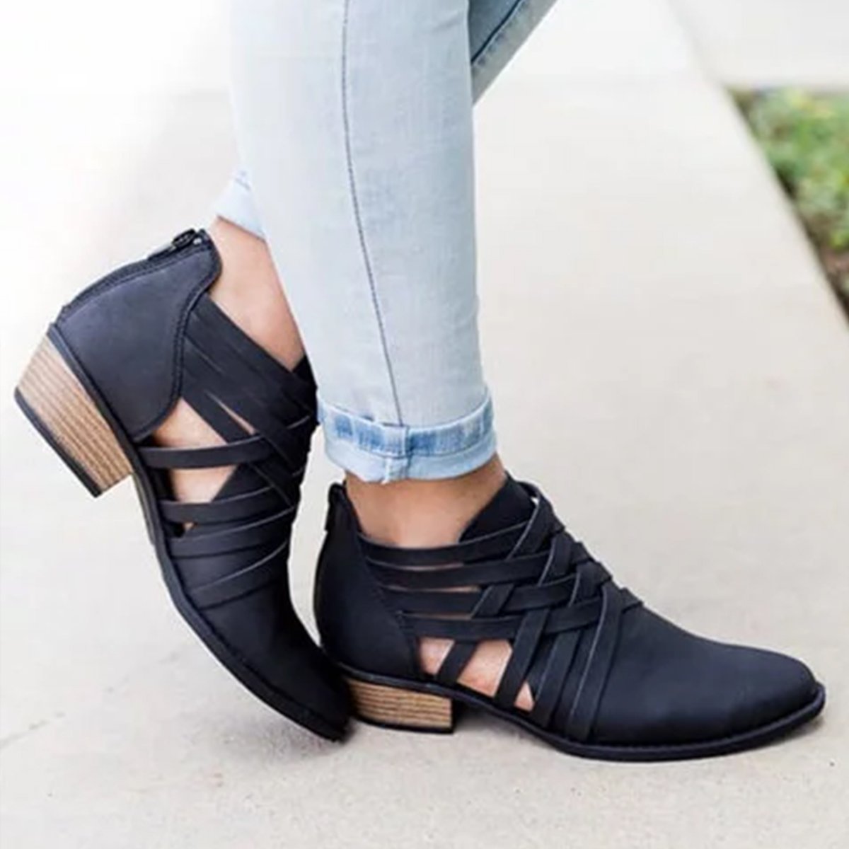 Plus Size Criss-Cross Ankle Heel Booties Hollow-out  Woman PU Boots