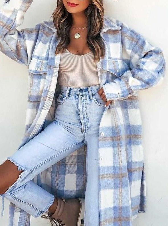 Casual Pocketed Plaid Button Down Shacket Coats