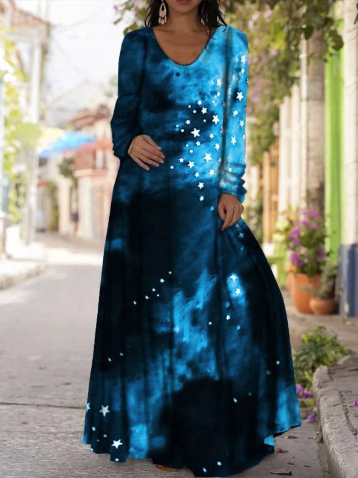 Casual Long Sleeve V-Neck Printed Dress